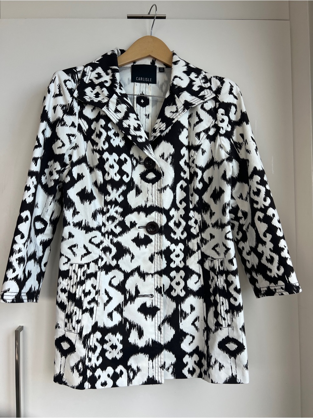 Carlisle Womens Black White Abstract Print Cotton Stretch Blazer Jacket Size 10